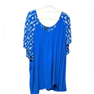 Torrid Blouse Crinkle Gauze Blue Embroidered Flutter Sleeve Plus Sz‎ 6X